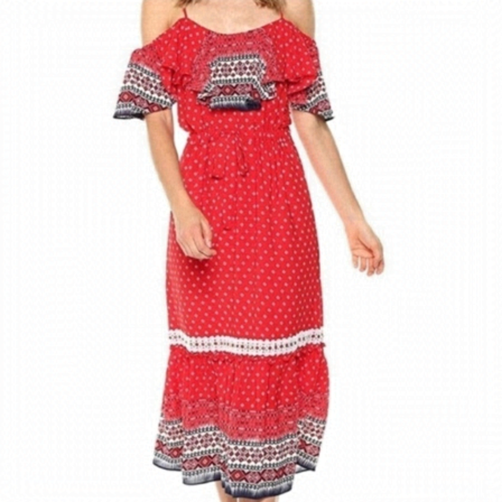 MISA Los Angeles Red Larsen Bohemian Off Shoulder Dress US XS